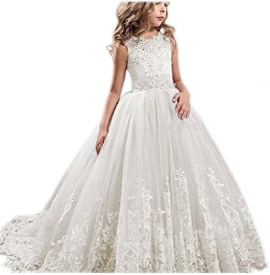 CEZOM Country White Ivory Lace Flower Girl Dresses First Communion Party Gown Pageant Dress