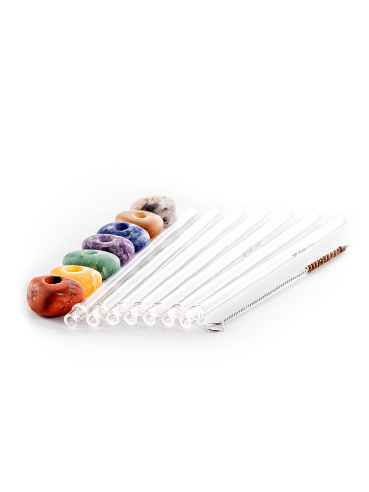 VitaJuwel Crystal Straw | ALL7 Set - Seven Eco-Friendly Resuable Glass Straws with Genuine Gemstones for Parties