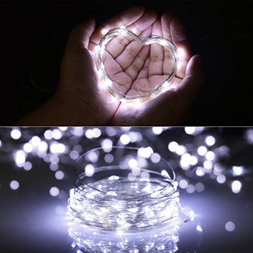 Battery Powered Fairy String Lights[Remote & Timer] 5M 50LEDs on Silver Wire Decorative Lighting Waterproof for Outdoor and Indoor Party Wedding Birthday Home Bedroom White[Energy Class A+]