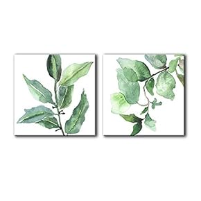 2 Panel Square Canvas Wall Art - Watercolor Style Green Leaves on Branch - Giclee Print Gallery Wrap Modern Home Art Ready to Hang - 12"x12" x 2 Panels