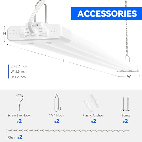 JESLED Linkable LED Shop Light for Garage, 4FT, 7500LM, Adjustable Power 30W/40W/50W, 3CCT 4000K/5000K/6500K, Plug-in Linear Worklight for Workshop, Hang or Flush Mount, ETL, EMC, FCC, White, 4-Pack