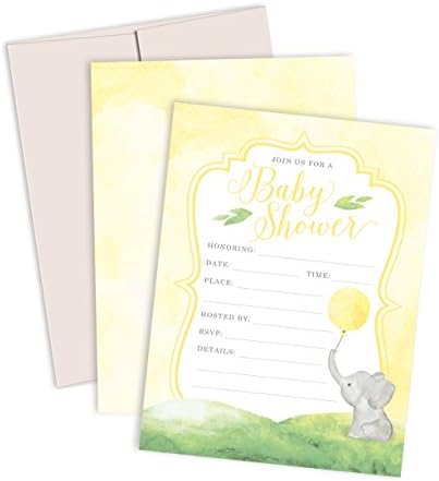 Baby Shower Invitations: 12 Fill-in-your-own Baby Shower Elephant Invitations With Light Gray Linen Envelopes - Gender Neutral Baby Shower Invitations - Elephants Baby Shower Invitations - Made In The USA By Palmer Street Press (Yellow)