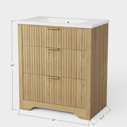 Farmhouse Bathroom Vanity 30", Fluted Freestanding Cabinet with Sink, 2 Drawers, Flip-Down Drawer, Natural Oak, Easy to Clean Natural Wood