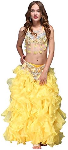 Zkaka ベリーダンス レディース ダンススカート セクシー フリル裾 ペンダント ビーズ 上下セット ブラジャー スカート ステージ