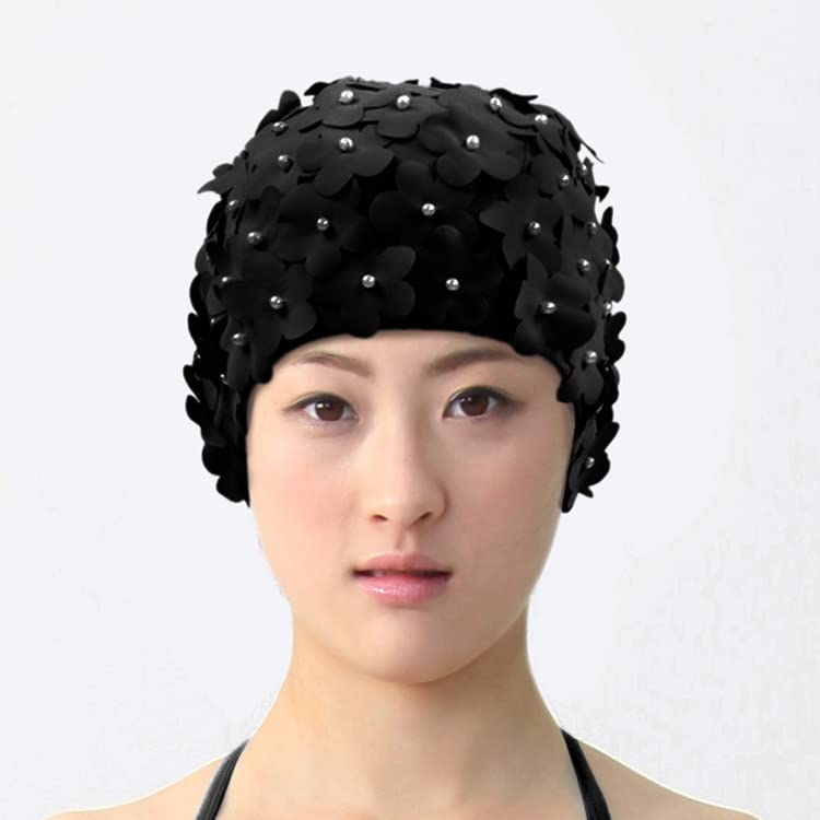 Floral Swimming Cap Women Swim Cap Flower Bathing Cap Vintage Nylon Swimming Hat Shower Cap for Ladies Long Short Hair Elastic Petal Retro Swimming Caps