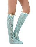 Knee High Crochet Boot Socks for Women Cotton Knit Lace Trim Leg Warmers with Button