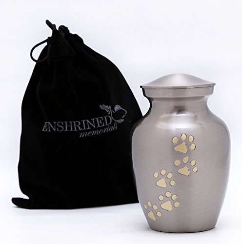 Enshrined Memorials Cremation Urn for Ashes by Cerberus Series Small Pet Dog Cat Handcrafted Solid Brass Affordable for Funeral in Velvet Bag Engraving Design (Pewter Silver, Vertical Paws)