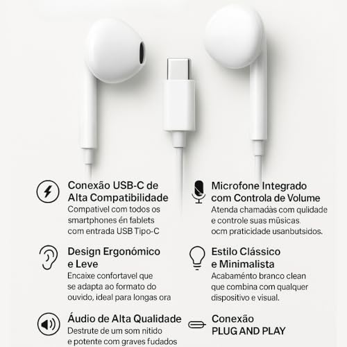 Fones De Ouvido Com Fio Tipo C Microfone Integrado Compativel iPhone 15 15 Pro 15 Pro Max 16 16 Pro Max Com Fio Fones Estéreo Compatíveis ANDROID LG Qualidade Premium