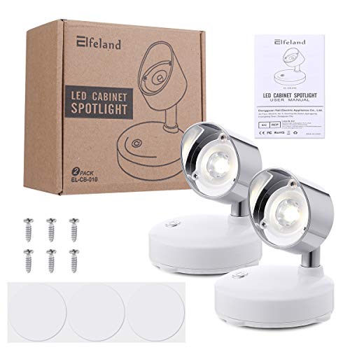 Elfeland LED Closet Lights LED Spotlight Wireless Puck Lights with Remote Battery Operated Accent Lights Dimmable Cabinet Lights with Rotatable Light Head Stick on Anywhere Indoor,Warm White(2 Pack)