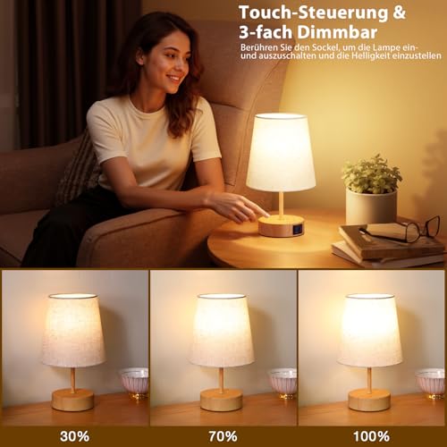 PreeOtti Bedside Lamp Touch Dimmable Table Lamp with USB A+C Charging Function | Lampshade in linen colour, small lamp for bedside table, living room, bedroom, children's room, office, bulb included