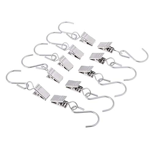10pcs Stainless Steel Hanger Clips with S Hook Metal Curtain Clip Pegs Wire Holder for Rope String Lights, Gutter Hangers for Lights, Curtain Clips