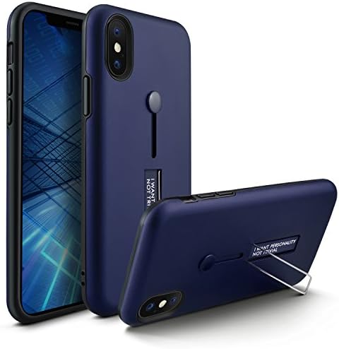 iPhone X Case, MOMOTECH Premium 3 in 1 Slim Fit iPhone X Case Finger Strap Hand Grip Drop Protection with Kickstand Hybrid Cover Shockproof Defender Case for iPhone X (2017 New Release) - Dark Blue