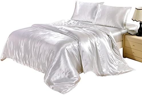 DuShow Satin Silk Duvet Cover Set Queen White Solid 3 Pieces Bedding Cover Set 1 Duvet Cover and 2 Pillowcases Soft High Thread Count Comforter Cover Set with Zipper Closure(Queen,White)