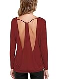Yuchamryi Women's Long Sleeve Blouse Stretchy Loose Tops Backless Knit T Shirt