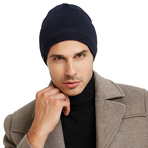 OMECHY Mens Watch Hat Winter Warm Knitting Hats Plain Cuffed Toboggan Beanie Skull Cap Navy - Thumbnail 4