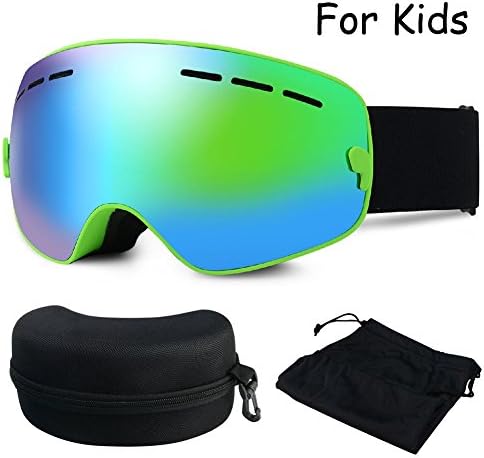 ZNY Kids Ski Goggles, Children Frame-Less Ski Snowboard Skate Goggles with Anti Fog PC Lens 3 Layer Comfortable Foams Detachable Strap (Kids, Revo Mirror Green, VLT 24.3%)