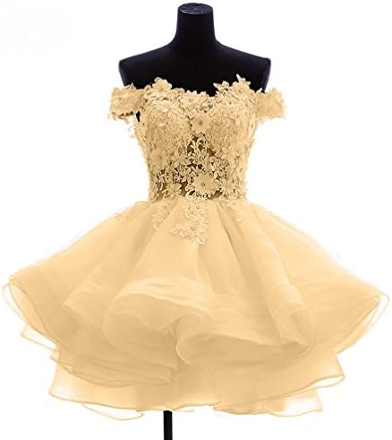 DKBridal Women's Off Shoulder Lace Appliques Homecoming Dresses Organza Short Prom Gown Golden 16
