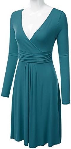 Pilusooou Long Sleeve V-Neck Crossover Banded-Waist Skater Dress TEAL M Awdsd0380_tealMedium