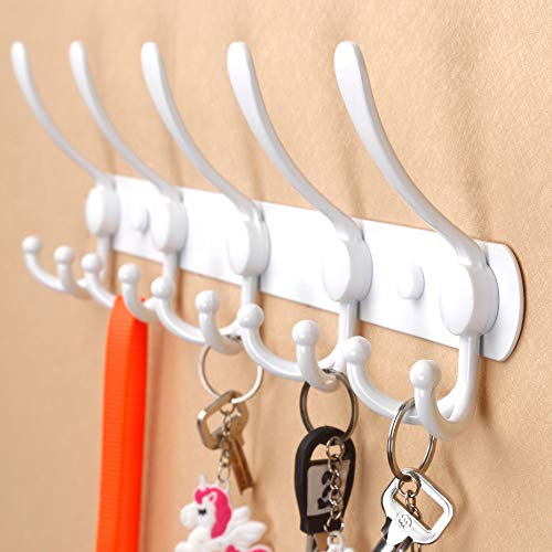 SKOLOO Wall Mounted Coat Rack Hook, 5 Tri Hooks - Heavy Duty Stainless Steel Coat Hooks for Hanging, Coat Hanger Wall Mount, White Hook Rack
