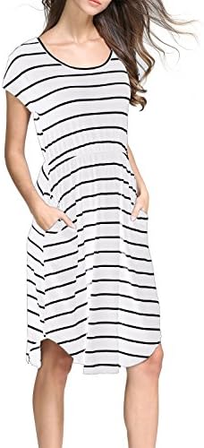 KIFONI Women Casual Stripe Cap Sleeve Elastic Waist Pockets Swing Loose Round Neck Midi Dress (X-Large, Ivory)