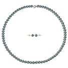 Cultured Japanese Akoya Pearl Necklace and Black Earrings Set for Women 14K Yellow Gold 5-5.5mm