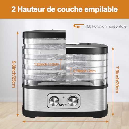 YASHE GGJ-261A Food Dehydrator, 5 Height Adjustable Trays, Temperature Control from 35 to 70°C, 240 Watts Deshydrator for Fruits and Vegetables, BPA Free