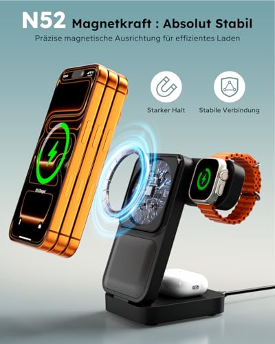 Eddibox 15 W Magsafe Charging Station for Apple Watch and iPhone, Foldable with Quick Charging Function, 3-in-1 Magsafe Charger Travel, Includes 30 W Power Supply