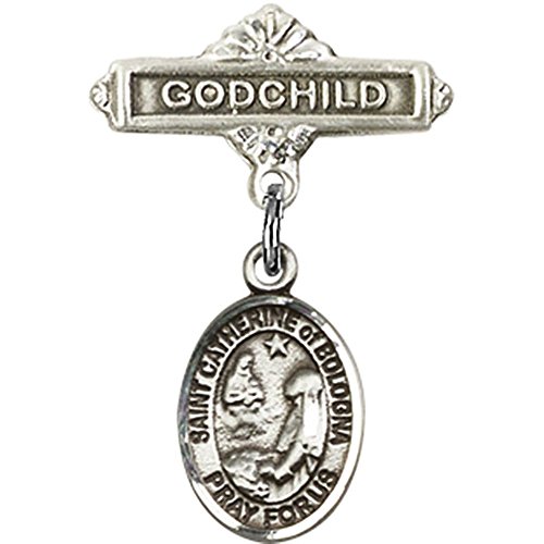 Sterling Silver Baby Badge with St. Catherine of Bologna Charm and Godchild Badge Pin 1 X 5/8 inches