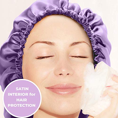Large Satin Lined Shower Cap- Adjustable, Waterproof, Satin Interior for Hair Protection, Designed for Large, Long, or Natural Hair, Reusable Cap by Glow by Daye (Pink Hearts/Lavender