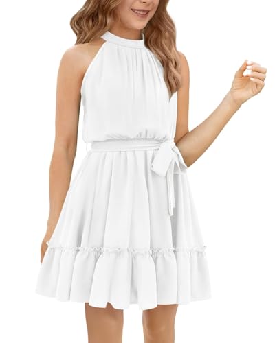 Halomoning Girl's Dress Sleeveless Simple Classic Casual Knee Length for Children Summer Princess Party Wedding Tie Waist A-Line