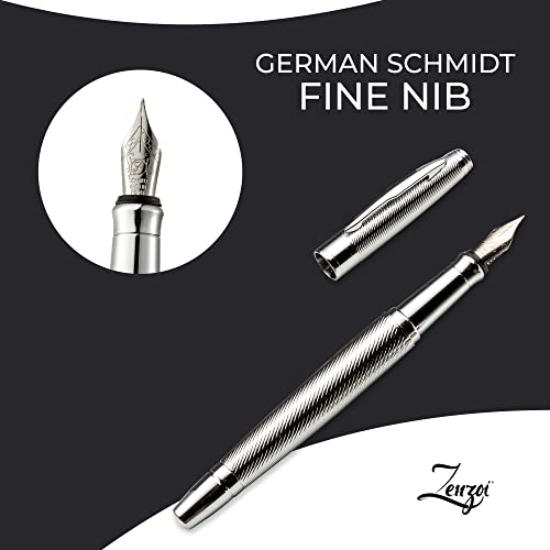 ZenZoi Chrome Fountain Pen Set. Elegant Metal Body Executive Pen w/German Schmidt Fine Nib, Ink