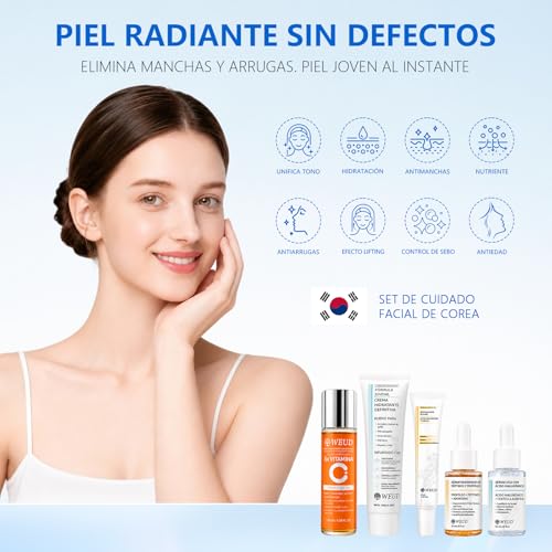 WEUD Skin Care Coreano 5 En 1 Kit, con 1 Crema Hidratante Centella + Tonico 5X Vitamina C Activa + 1 Cremas de Ojos Retinal + 1 Serum Centella + 1 Serum Péptidos Propóleo, para Todo Tipo de Piel