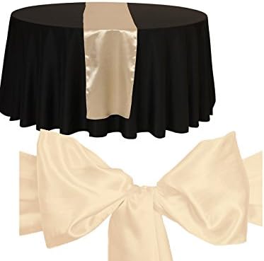 Elina Home Combo Satin Pack 10 Table Runner 12x108Inch & 50 Chair Bow Sash WeddingBanquet Kitchen HomeDecor (Champagne)
