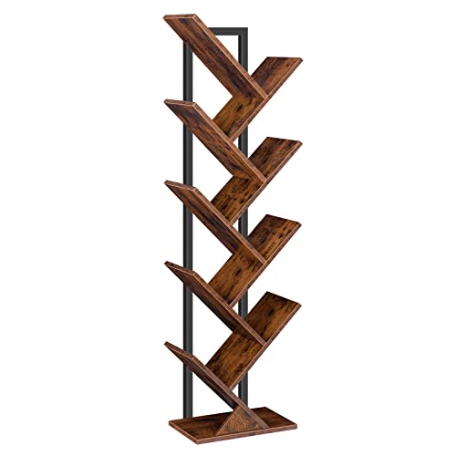 Libreria ad albero, scaffale a 9 livelli autoportante, libreria industriale con ripiani in legno, ufficio domestico, marrone rustico, EBF08SJ01G1