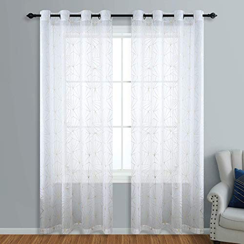 White and Gold Sheer Curtains 84 Inch Length for Bedroom Geometric