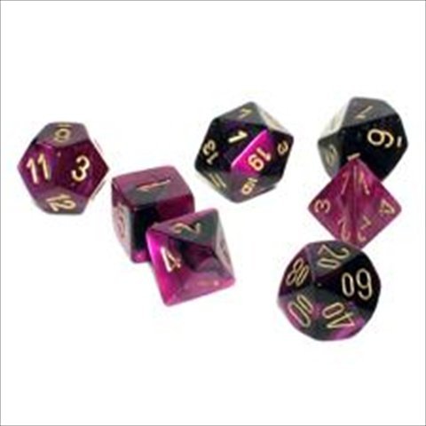 Chessex Manufacturing Cube Gemini Set Of 7 Dice - Black & Purple With Gold Numbering CHX-26440