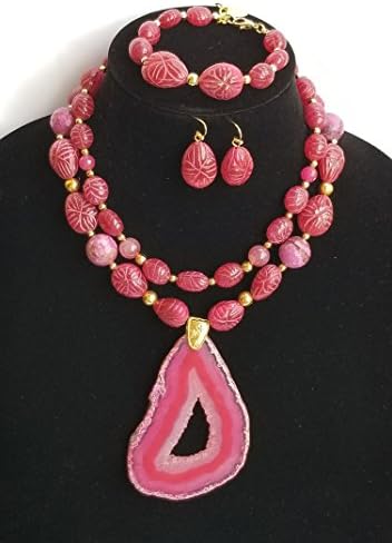 Agate Gemstone Big Free Form Pendant Carved Ruby Beads 2 Strand Necklace Earrings Bracelet