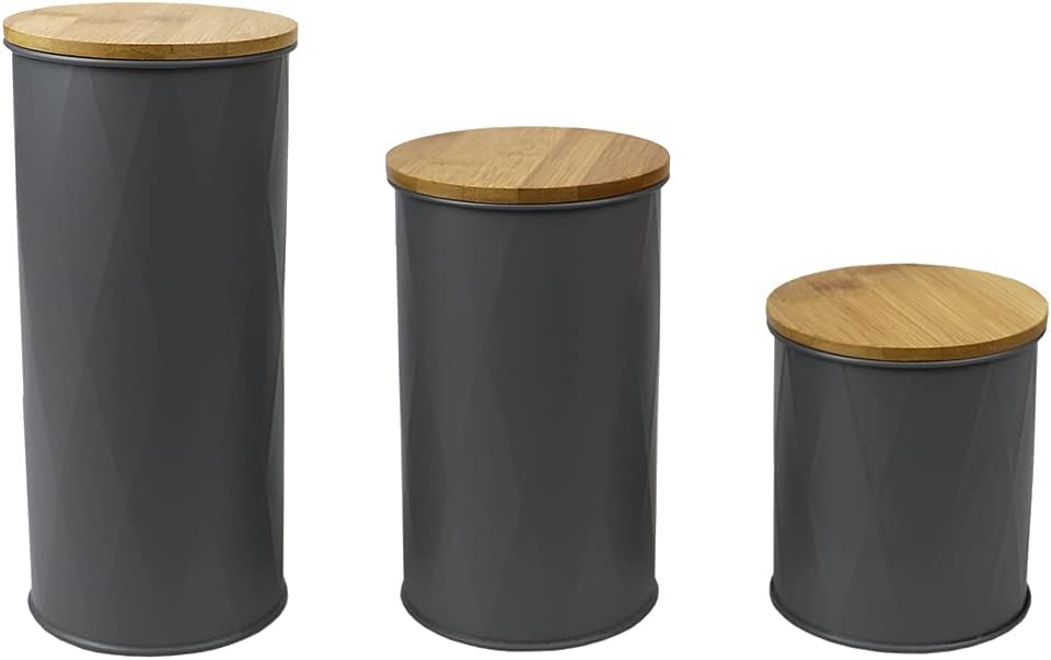 Home Basics Tin Canister Set in Grey | 3-Piece | Bamboo Lids | Air-Tight | Textured Design | Multi-Purpose | 1.1 ml | 1.7 ml | 2.2 ml |