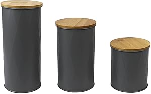 Home Basics Tin Canister Set in Grey | 3-Piece | Bamboo Lids | Air-Tight | Textured Design | Multi-Purpose | 1.1 ml | 1.7 ml | 2.2 ml |