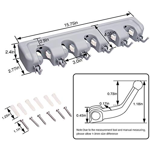 Veeca Skidproof Mop and Broom Holder Garden Tool Organizer with 5 Position and 6 Hooks Wall Mounted Garage Hanger for Kitchen, Garage, Garden, Warehouse