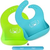 DREAM BEAR Waterproof Soft Silicone Baby Bibs,Easy Clean With Big Roll Up Pocket.Set of 2Pack (Lime Green&Turquoise)
