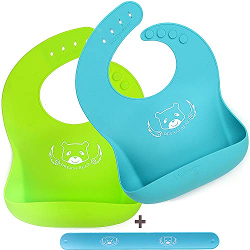 DREAM BEAR Waterproof Soft Silicone Baby Bibs,Easy Clean With Big Roll Up Pocket.Set of 2Pack (Lime Green&Turquoise)
