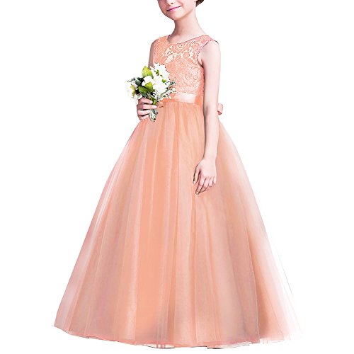 Girls Tulle Lace Flower Wedding Bridesmaid Dress Floor Length Princess Long A Line Pageant Formal Prom Dance Gown, Peach, 9-10