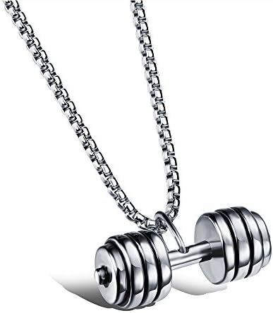 JEZRINB Fashion Sports Jewelry Men's Stainless Steel Barbell Dumbbell Pendant Chain Necklaces (Silver)