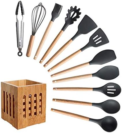 Cdfd Con Contenitore Per Attrezzi Da Cucina 10 Pezzi Di Colore Nero Spatola Set Di Utensili Da Cucina In Silicone Antiaderente Manico In Legno Cucchiaio Da Zuppa Utensili Da Cucina Cucchiai Palette