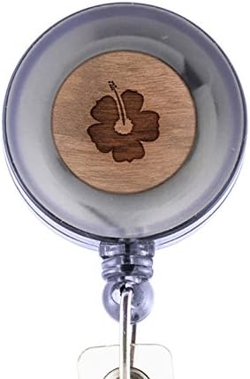 Hawaiian Flower Badge Holder with Retractable Reel and Clip, Laser Engraved Wood Design, Custom Badge Holder, Corporate Gifts