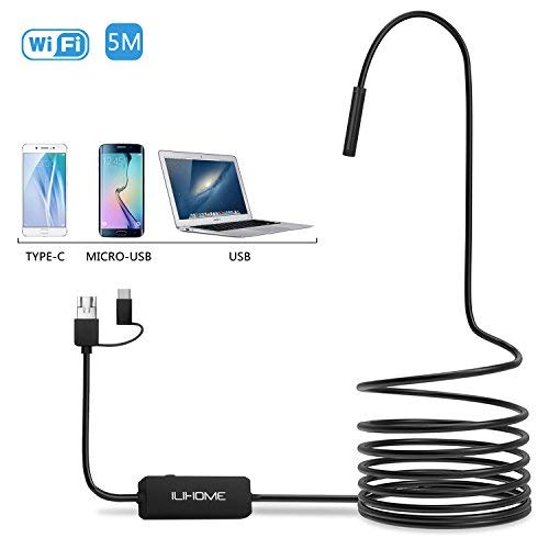 ILIHOME WiFi Endoscope Android, WiFi Inspection Camera with 8 LEDs Waterproof Lens 2.0 Megapixels USB Endoscope Camera HD Snake Camera Compatible with All of Andorid Windows Device