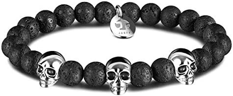 Men Beaded Skull Bracelet, 8mm Natural Agate Gemstone Onyx Beads Stainless Steel Skull Elastic Stretch Healing Crystal Charm Bracelets for Enhancing Self-Confidence