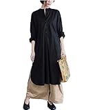 Yesno QE2 Women Long Button-Down Shirts Dress Casual Maxi Loose Hi-Low 100% Cotton,One Size,Black