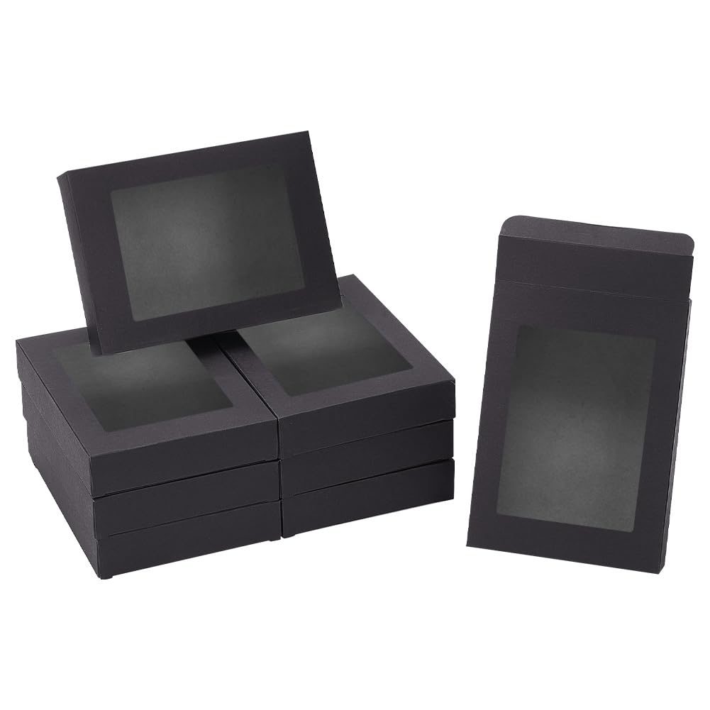 NBEADS 24 Pcs Black Gift Box, Fold Paper Boxes Cookie Boxes Bakery Boxes Kraft Treat Boxes with 10x7.5cm Window for Party Favor Treats Bakery and Jewelry Packaging, 14.5x10.5x2.5cm Finished